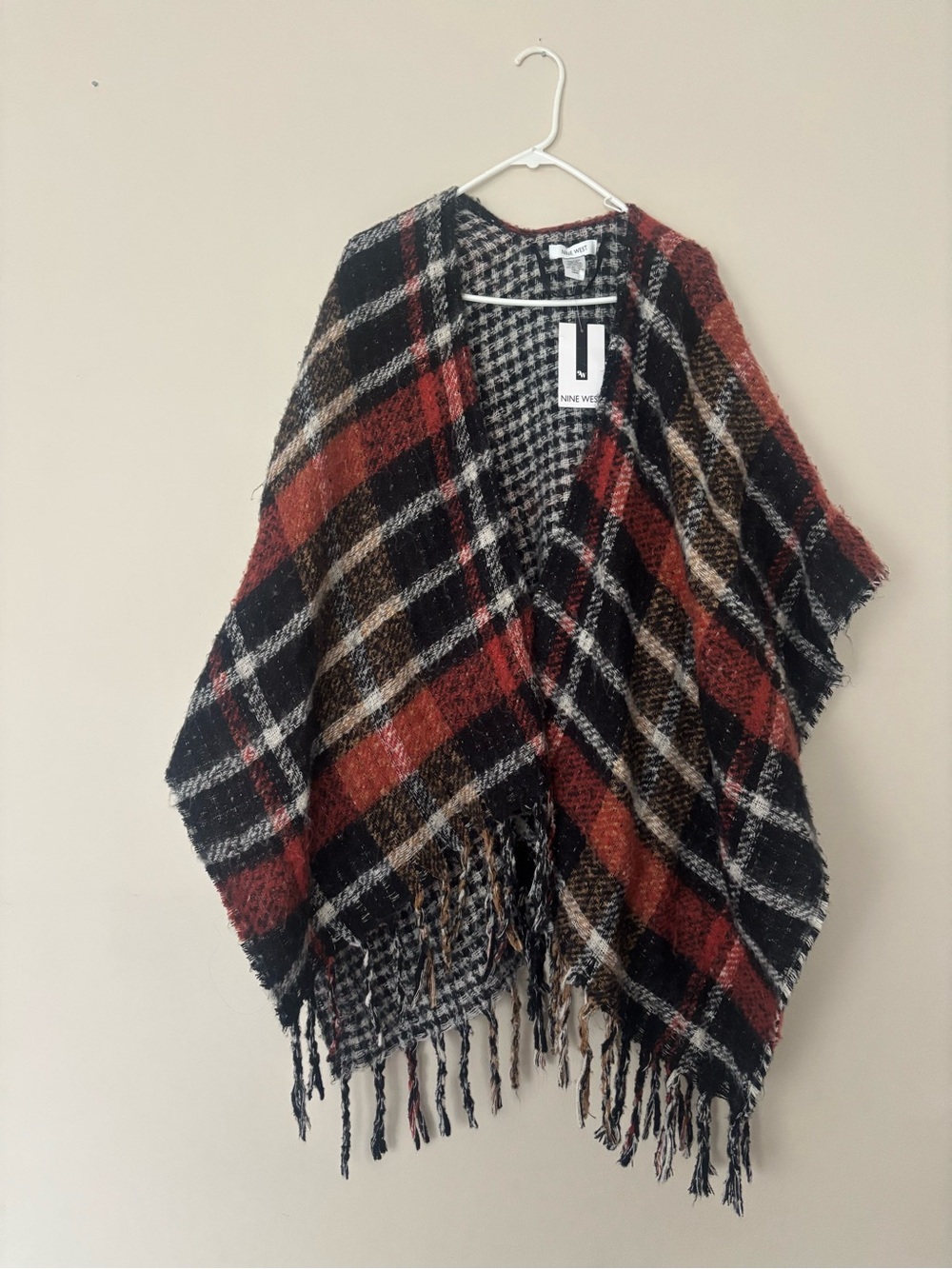 Nine West Plaid Fringe Poncho in Black, Rust & Cream